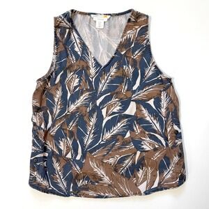 C&C California Medium Tropical Leaf Print V-Neck Tank Top Side Button Brown